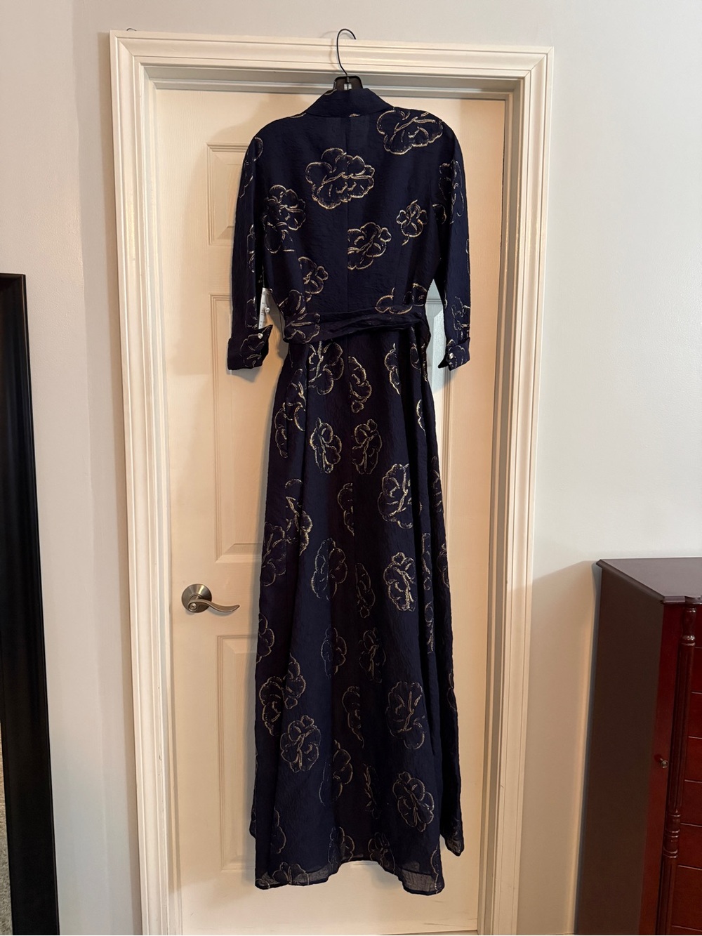 Teri Jon Navy and Gold Jacquard Shirt Waist Dress with Floral Embroidery - Picture 2 of 8